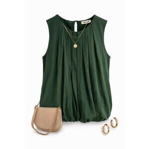 Madewell Forest Green Bubble Hem Blouse NWT Small Cotton Pleated Sleeveless Top